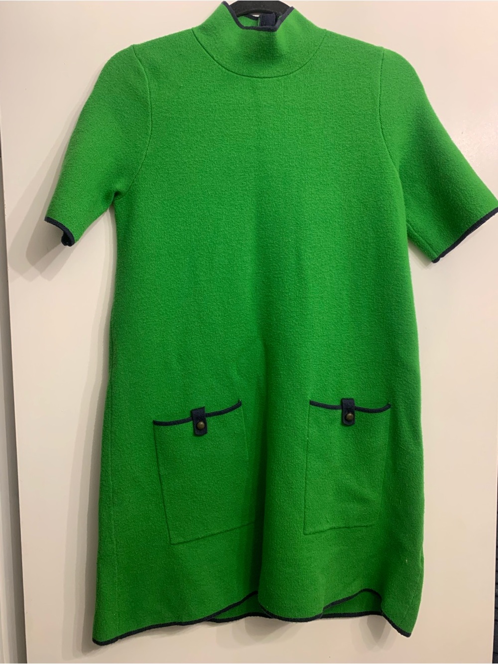 Anthropologie Bright Green Short-Sleeve Pocket Knit Dress with Navy Trim
